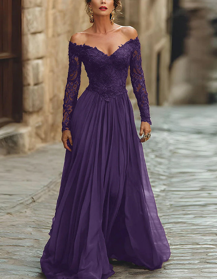 Solid Color Lace Off Shoulder Long Sleeve Maxi Dress