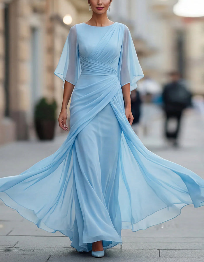 Solid Color Chiffon Round Neck Flutter Sleeves Fitted Waist Maxi Dress