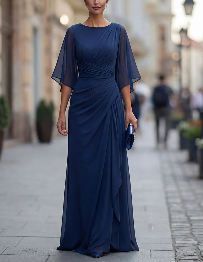 Solid Color Chiffon Round Neck Flutter Sleeves Fitted Waist Maxi Dress