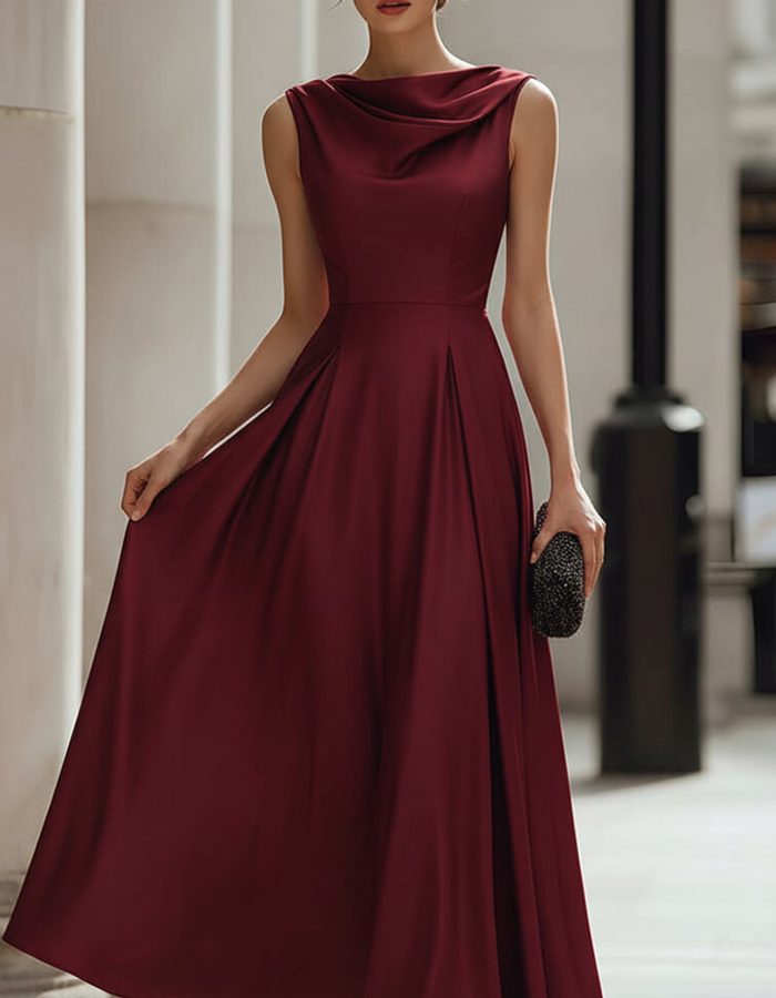 Burgundy Satin Droop Neck Sleeveless Maxi Dress
