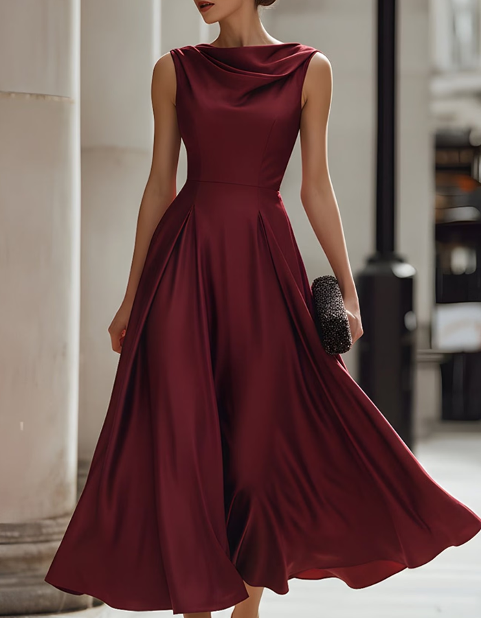 Burgundy Satin Droop Neck Sleeveless Maxi Dress