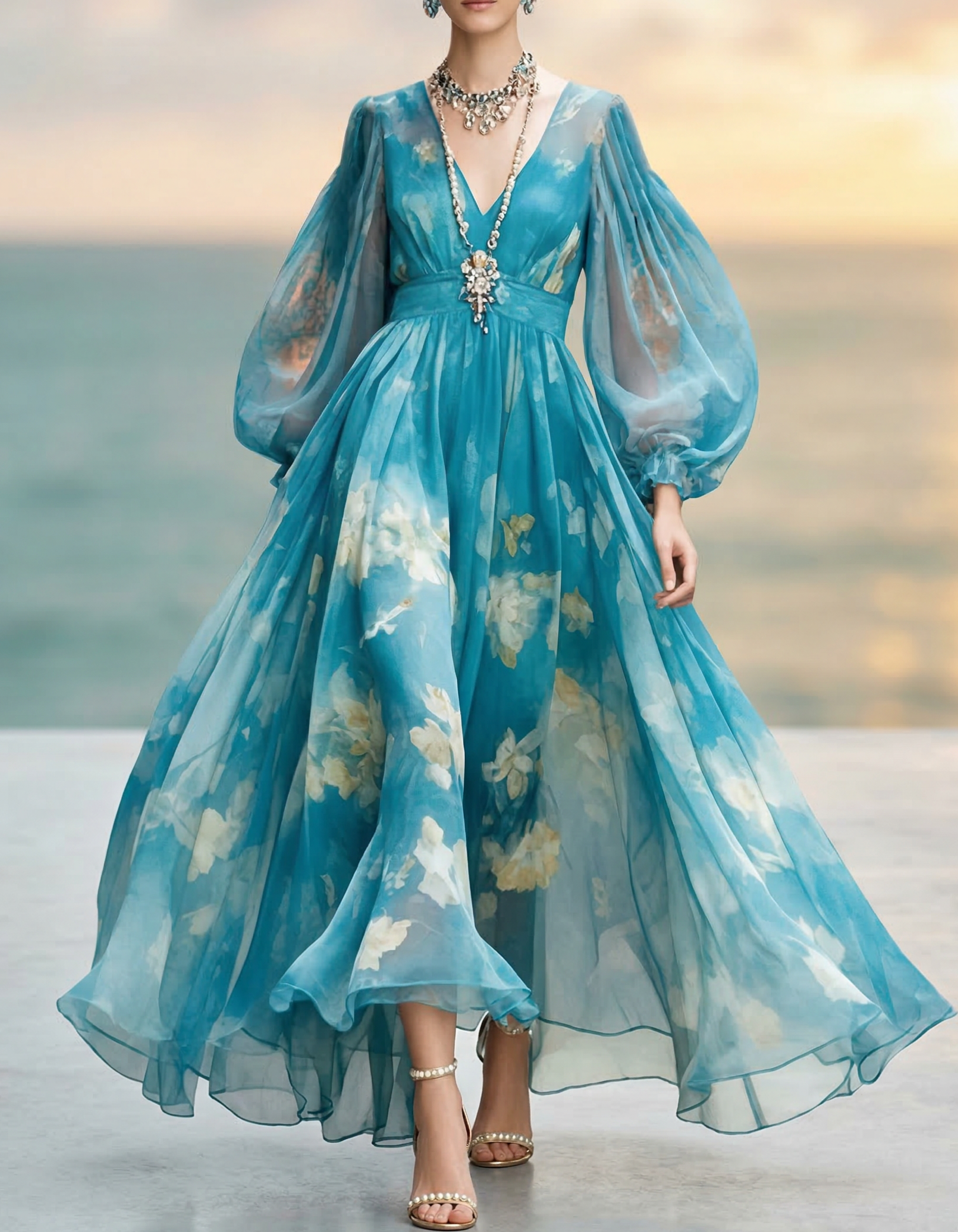 Blue Chiffon V-Neck Printed Maxi Dress