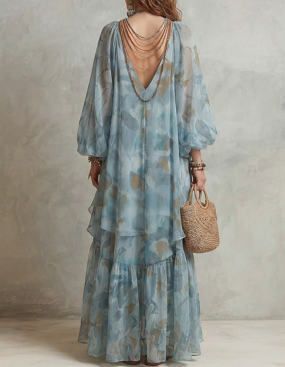 Blue-Grey Chiffon Printed Maxi Dress