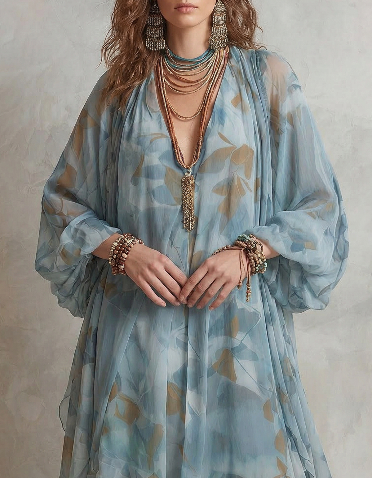 Blue-Grey Chiffon Printed Maxi Dress