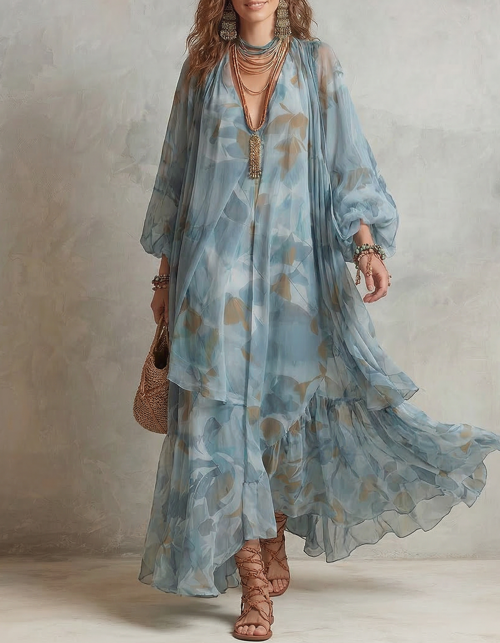 Blue-Grey Chiffon Printed Maxi Dress