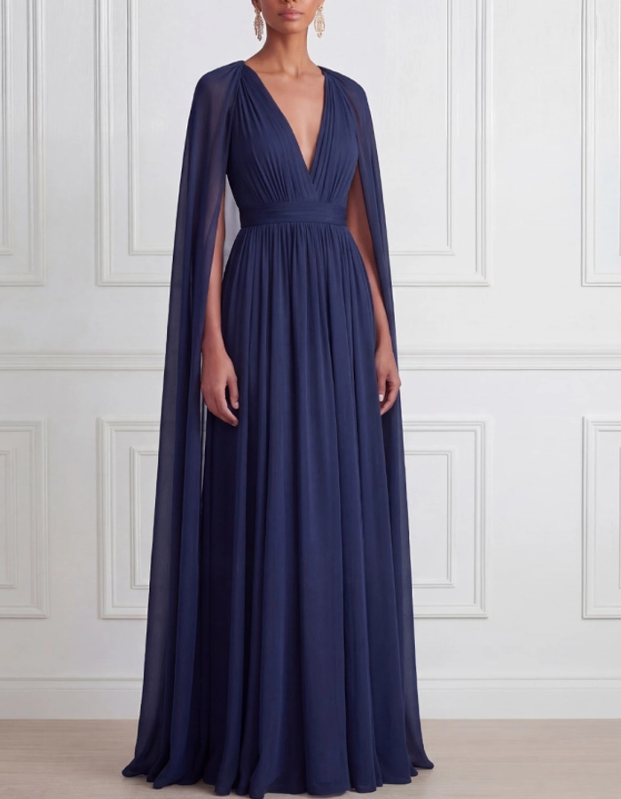 Navy Blue Chiffon Deep V-Neck Maxi Dress