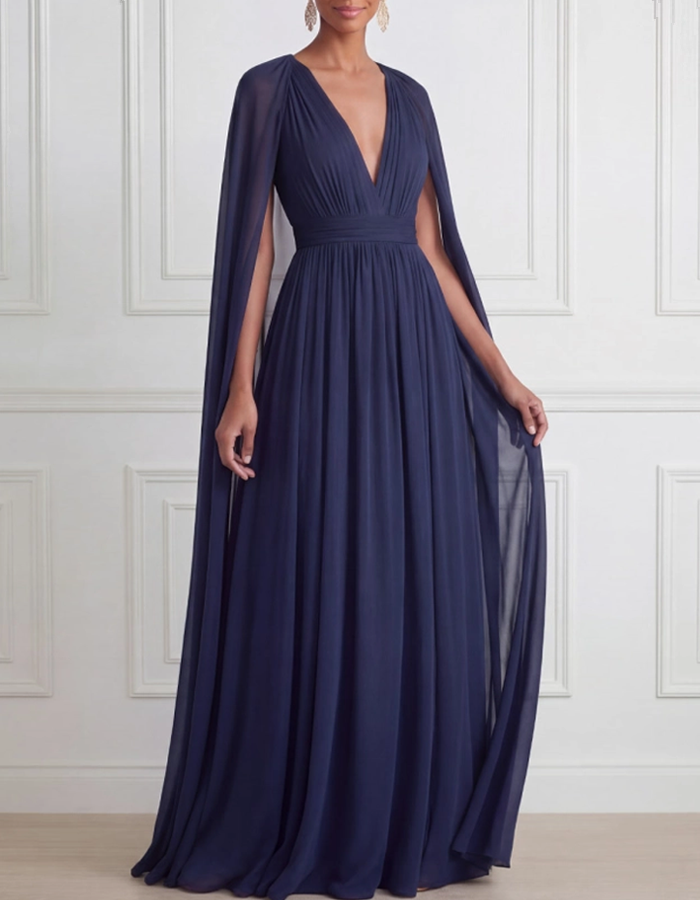 Navy Blue Chiffon Deep V-Neck Maxi Dress