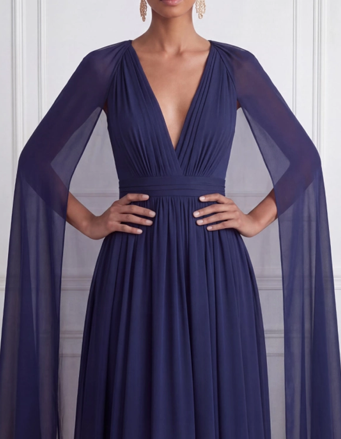 Navy Blue Chiffon Deep V-Neck Maxi Dress