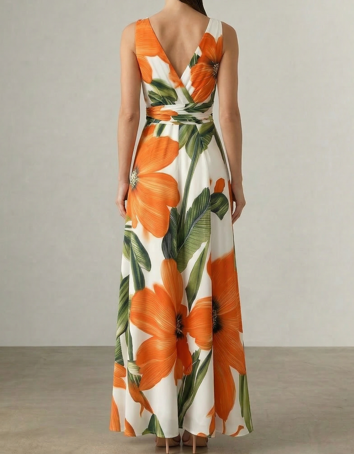 Chiffon V-Neck Floral Print Fitted Maxi Dress