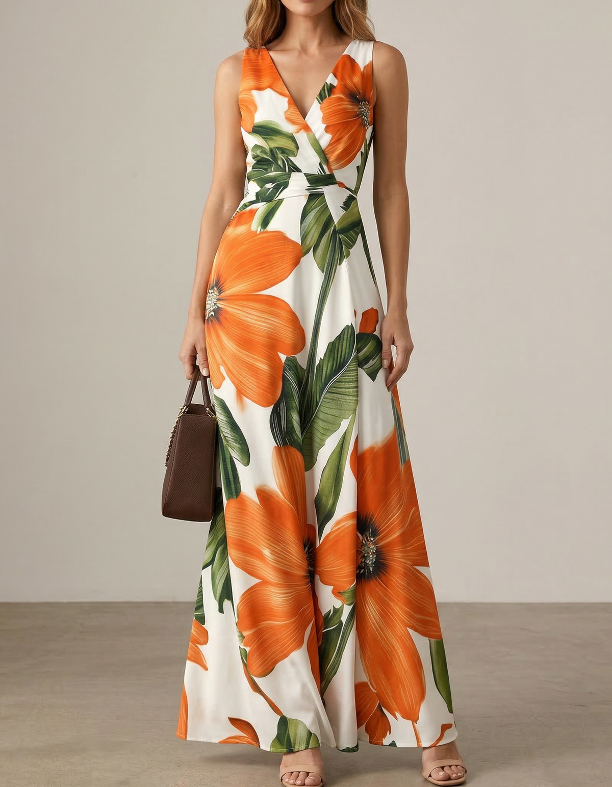 Chiffon V-Neck Floral Print Fitted Maxi Dress