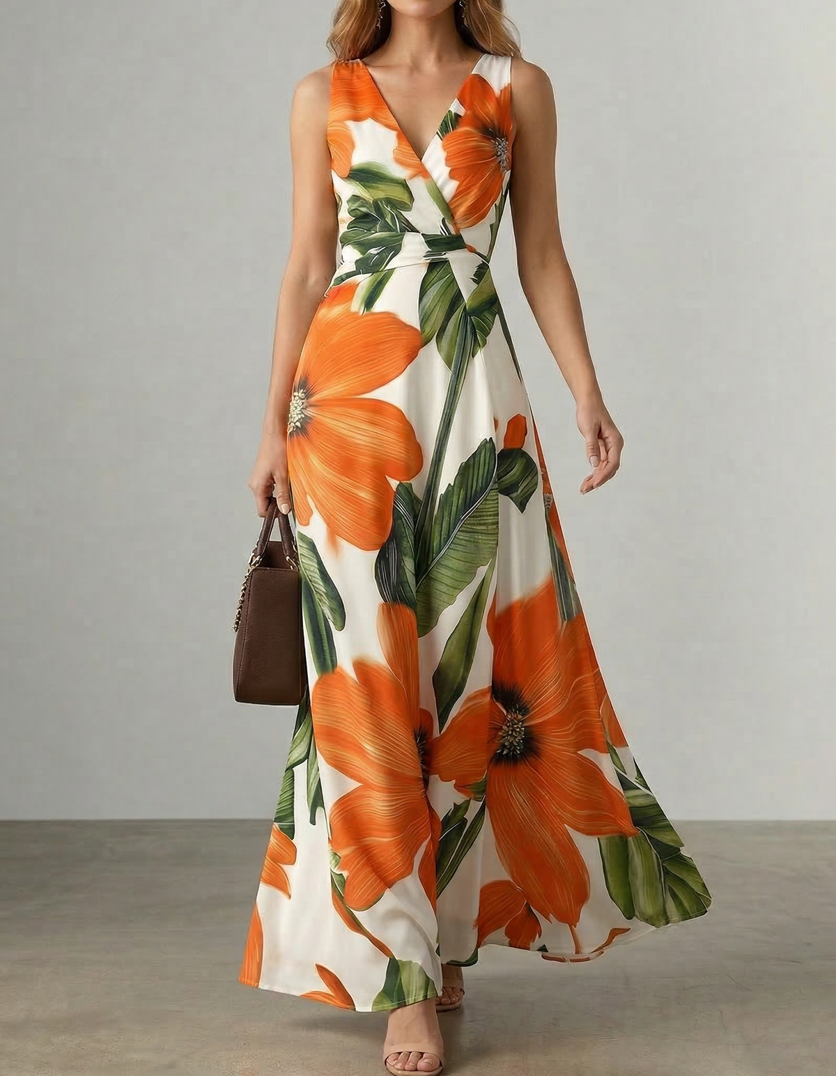 Chiffon V-Neck Floral Print Fitted Maxi Dress