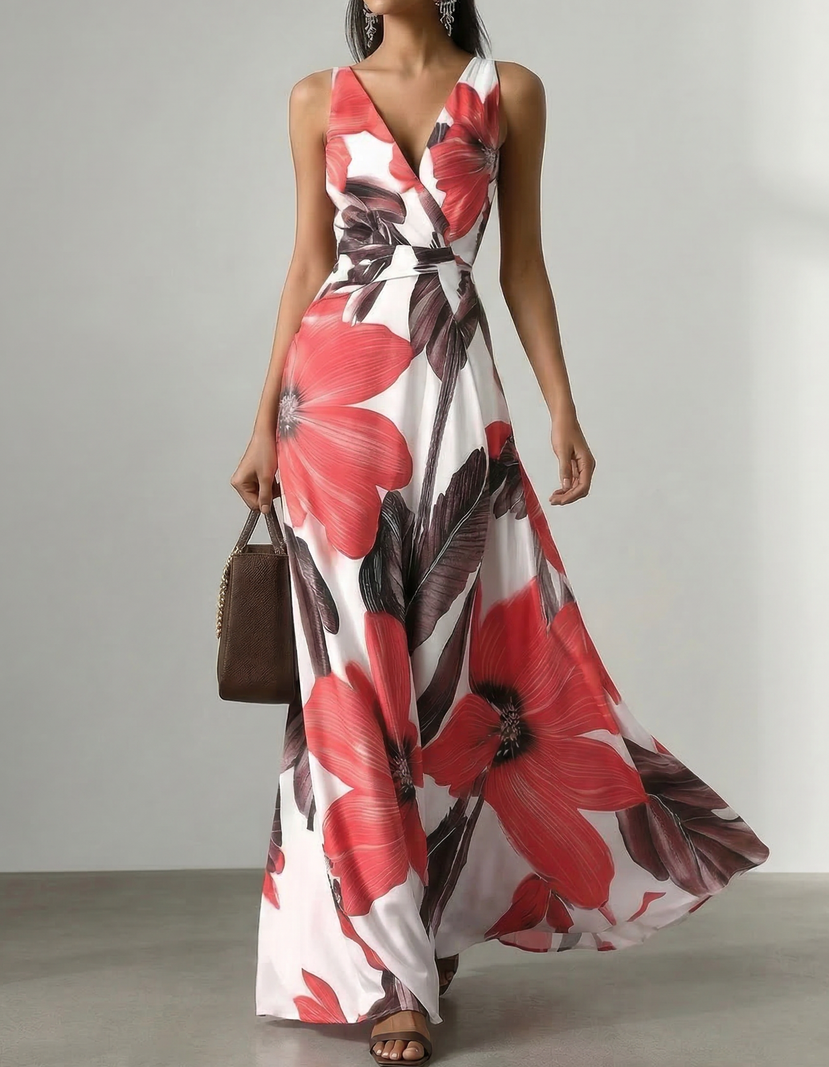 Chiffon V-Neck Floral Print Fitted Maxi Dress