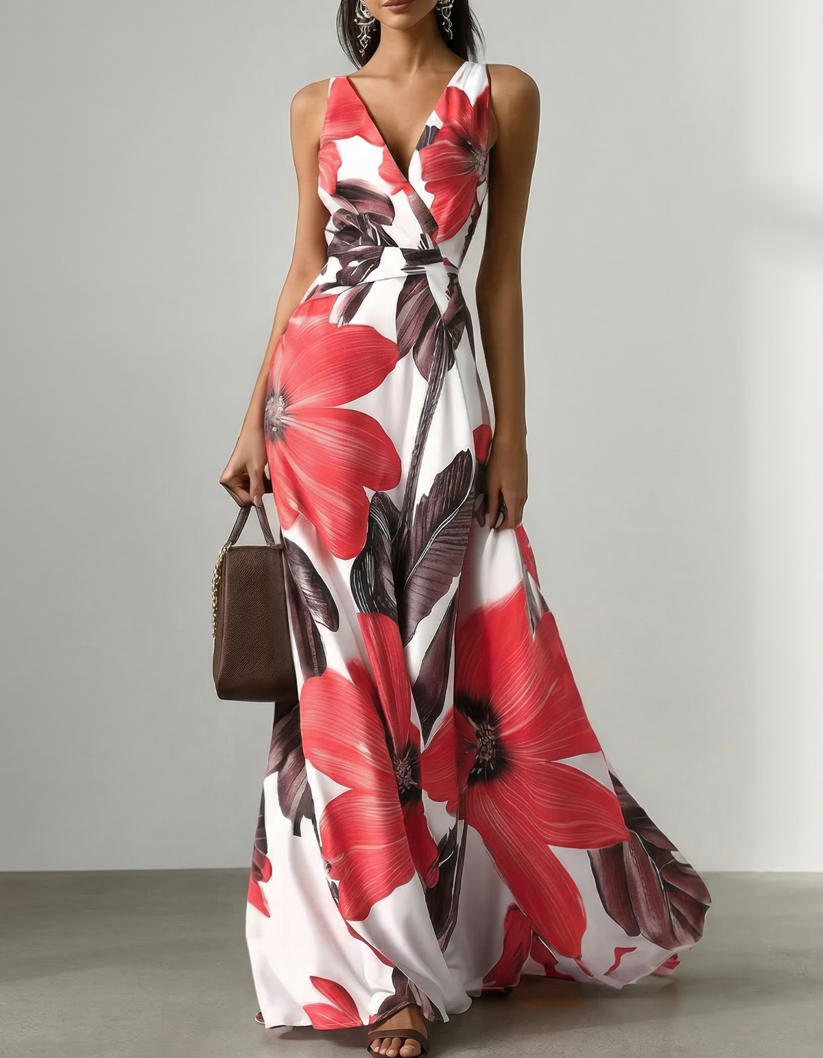 Chiffon V-Neck Floral Print Fitted Maxi Dress