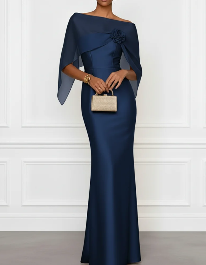 Satin Off-Shoulder With Chiffon Shawl Maxi Dress