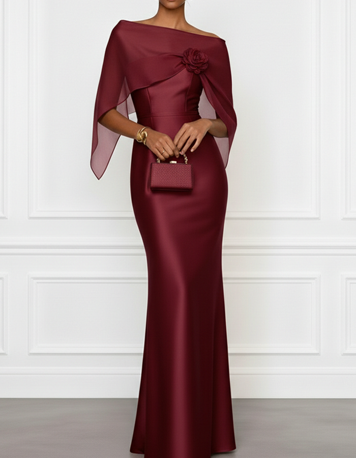 Satin Off-Shoulder With Chiffon Shawl Maxi Dress