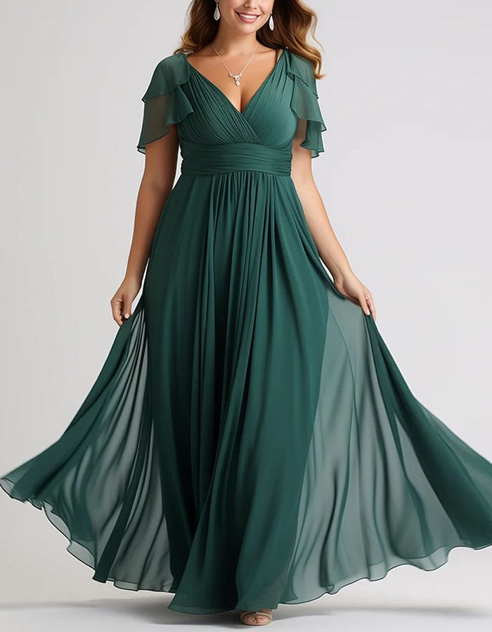 Dark Green Chiffon V-Neck Flutter Sleeves And Fitted Waist Maxi Dress