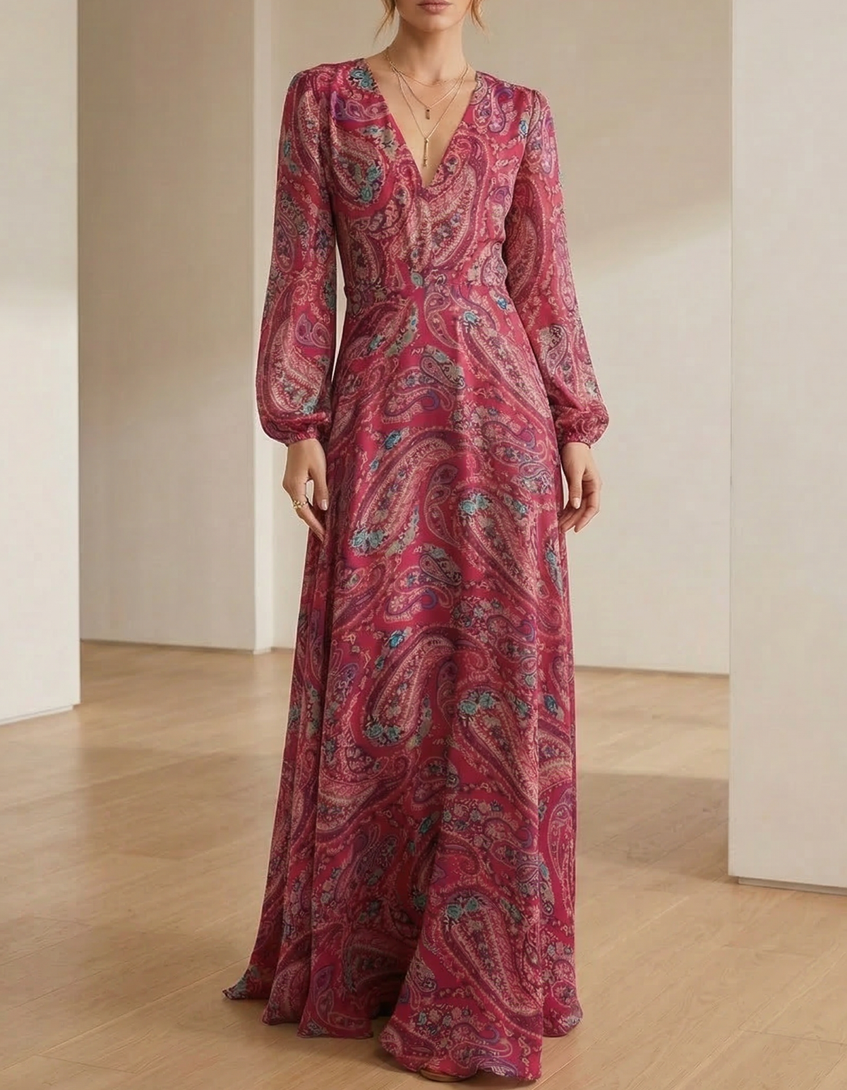 Rose Pink Chiffon Floral Print Maxi Dress