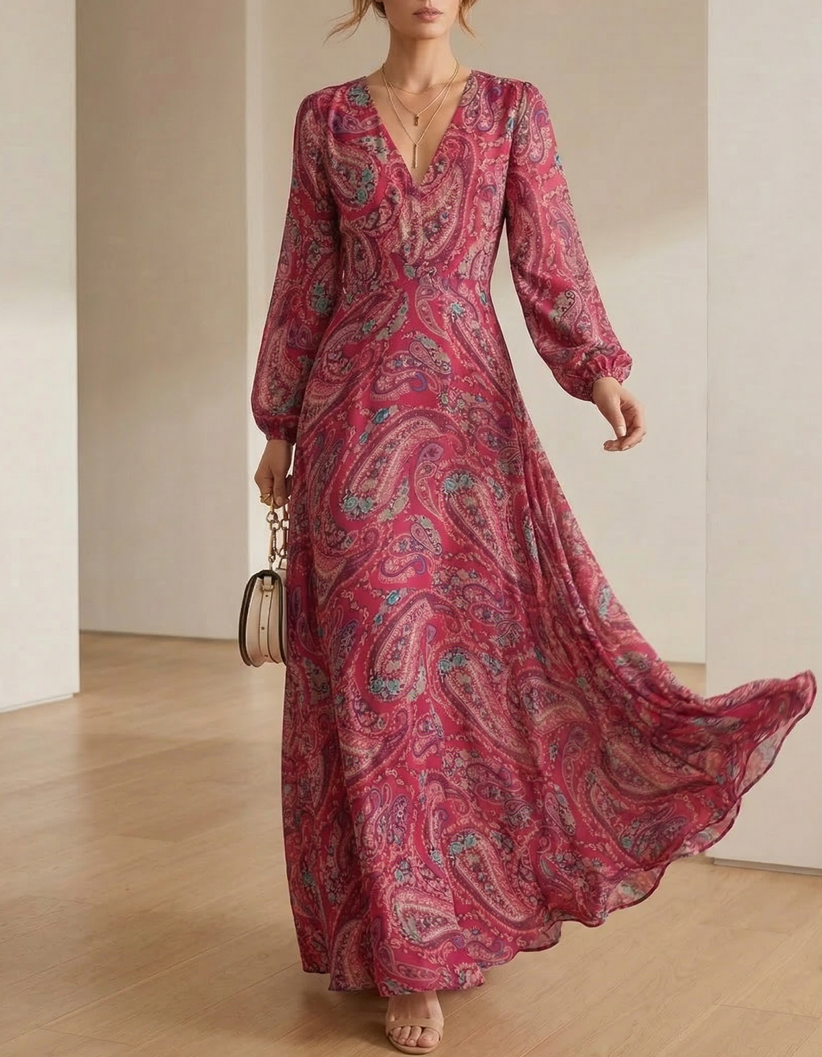 Rose Pink Chiffon Floral Print Maxi Dress