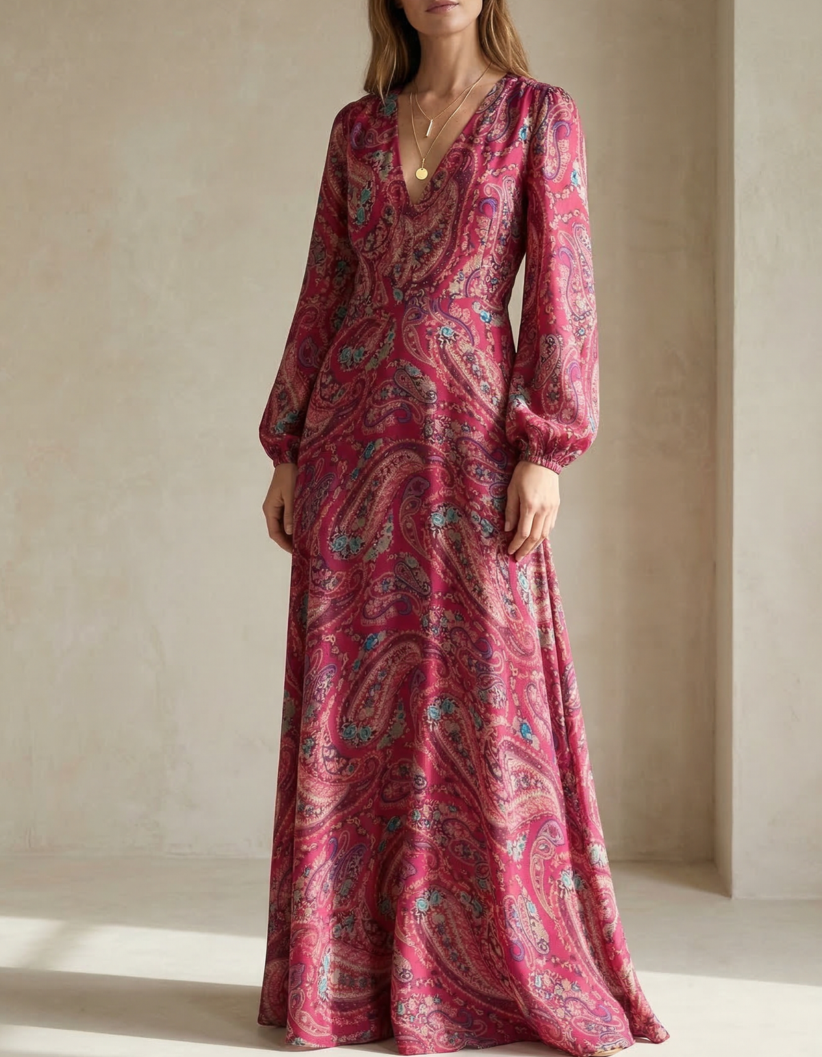 Rose Pink Chiffon Floral Print Maxi Dress