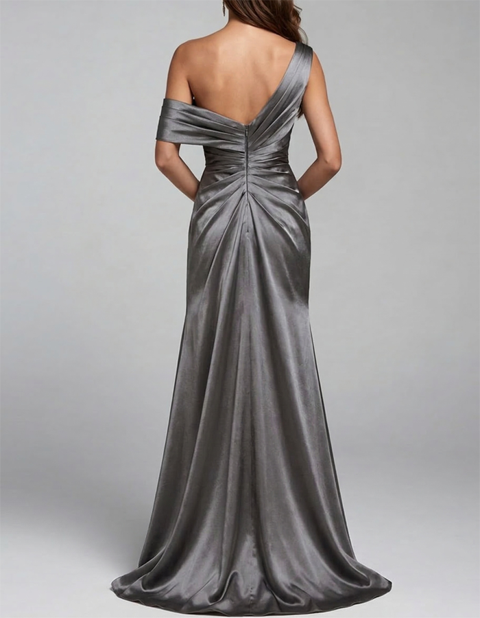 Satin Off-Shoulder Ruched Maxi Dress