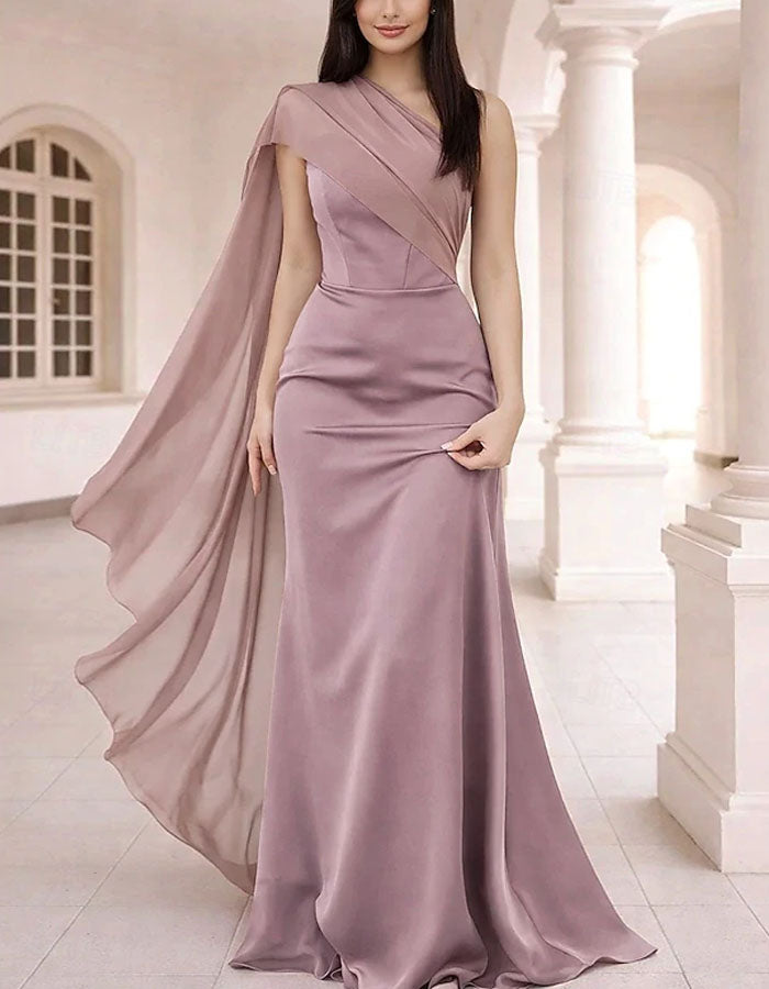 Solid Color Satin One Shoulder Chiffon With Ribbon Fishtail Maxi Dress