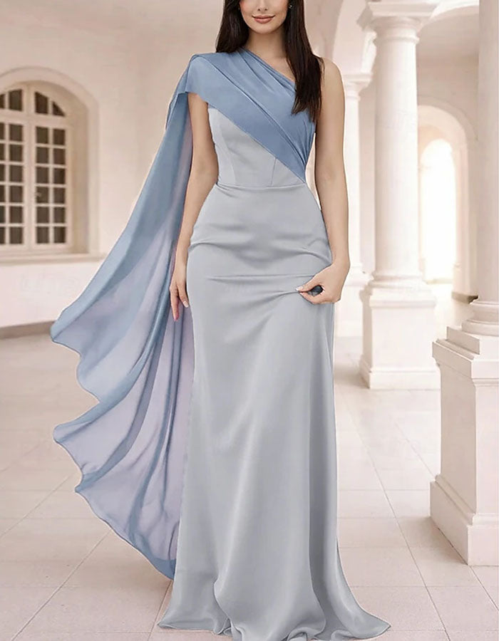 Solid Color Satin One Shoulder Chiffon With Ribbon Fishtail Maxi Dress