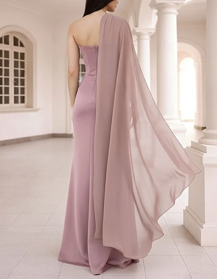 Solid Color Satin One Shoulder Chiffon With Ribbon Fishtail Maxi Dress