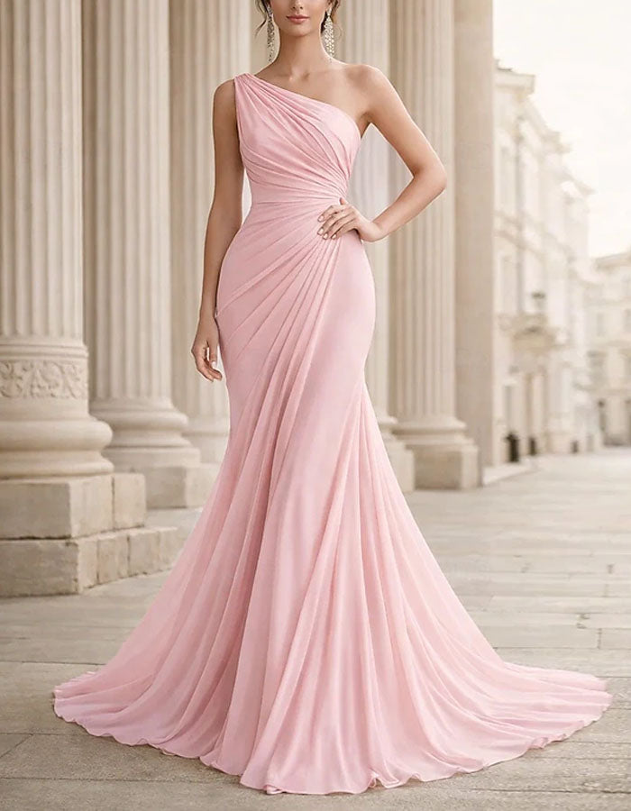 Solid Color Chiffon One Shoulder Twisted Fishtail Maxi Dress