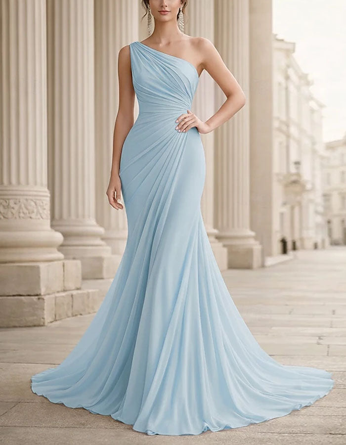 Solid Color Chiffon One Shoulder Twisted Fishtail Maxi Dress