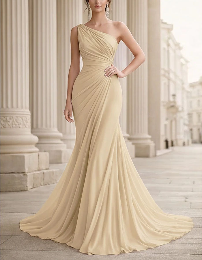 Solid Color Chiffon One Shoulder Twisted Fishtail Maxi Dress
