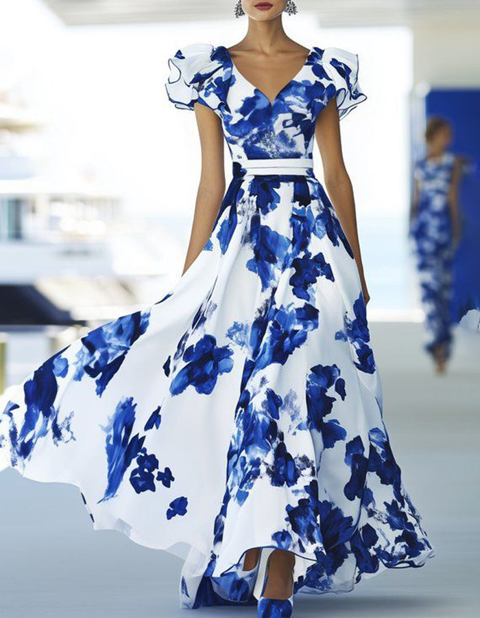 Blue Floral Watercolor Print V-Neck Ruffled Sleeve Maxi Dress