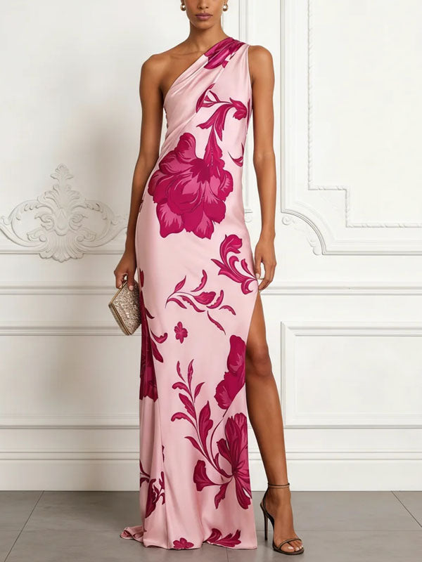 Pink Floral Satin One Shoulder Slit Foundation Maxi Dress