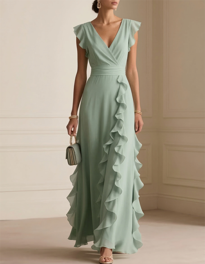 Sage Green Chiffon Ruffled Deep V-Neck Maxi Dress