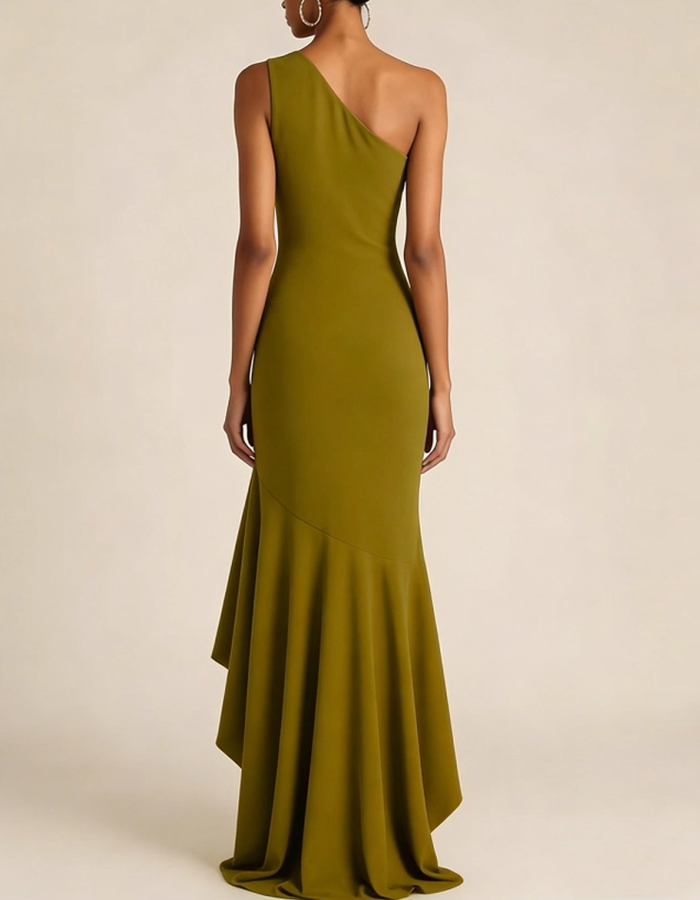 Olive Green One-Shoulder Ruffled Maxi Dress