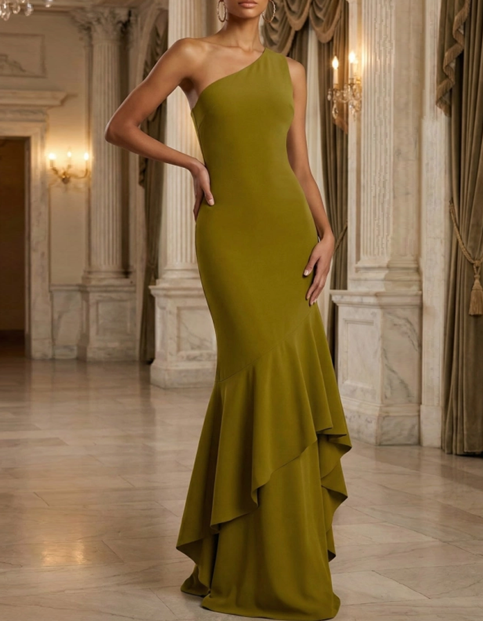 Olive Green One-Shoulder Ruffled Maxi Dress