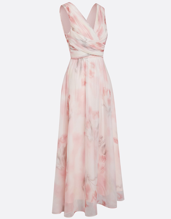 Pale Pink Watercolor Floral Chiffon Deep-V Maxi Dress