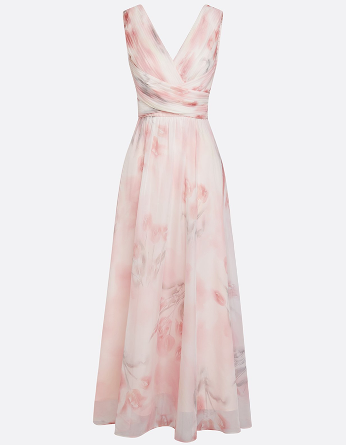 Pale Pink Watercolor Floral Chiffon Deep-V Maxi Dress