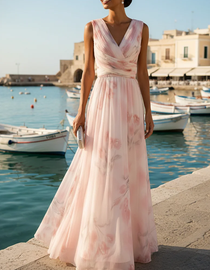 Pale Pink Watercolor Floral Chiffon Deep-V Maxi Dress