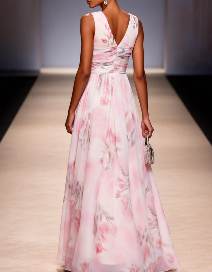 Pale Pink Watercolor Floral Chiffon Deep-V Maxi Dress
