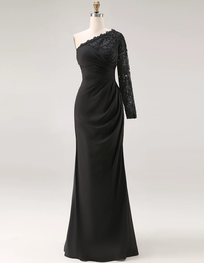 Vestido largo fruncido con encaje de un solo hombro