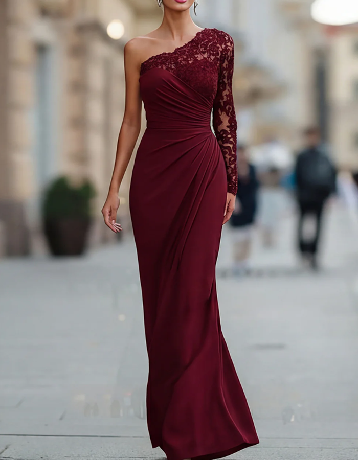 One-Shoulder Lace-Trimmed Ruched Maxi Dress
