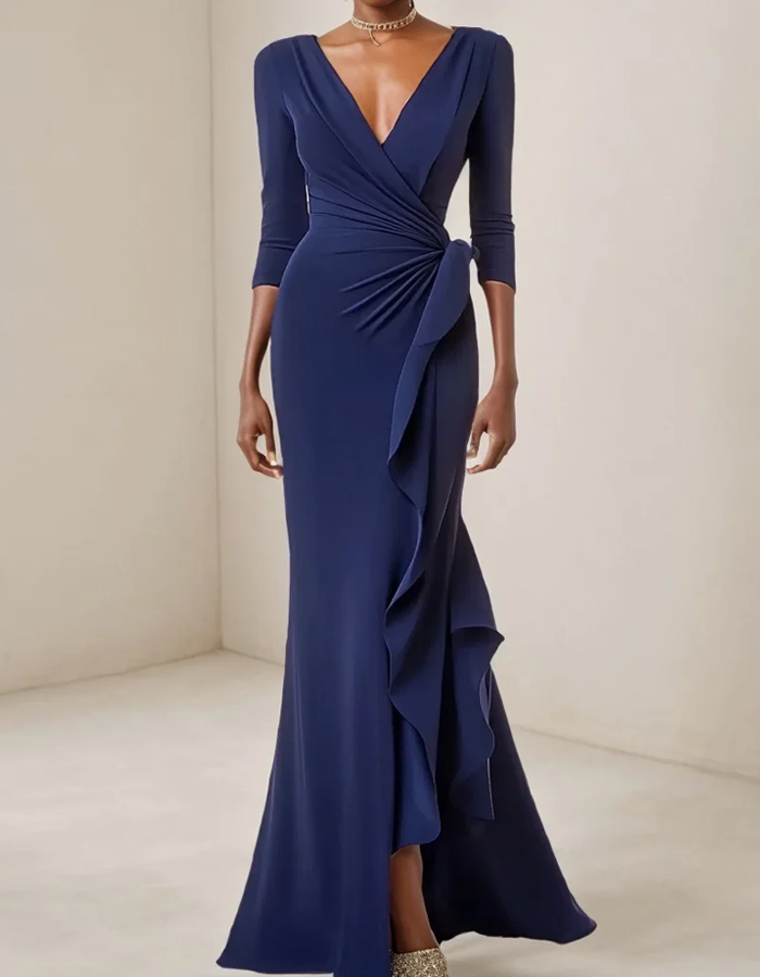 Navy Deep-V Ruffled Fishtail Maxi Dress