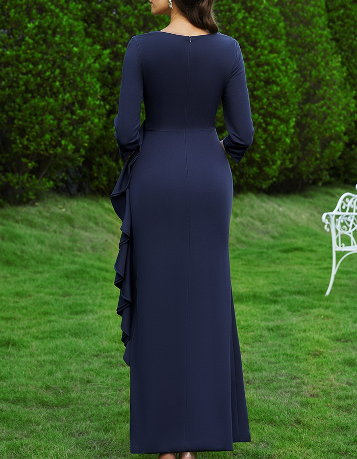 Navy Deep-V Ruffled Fishtail Maxi Dress