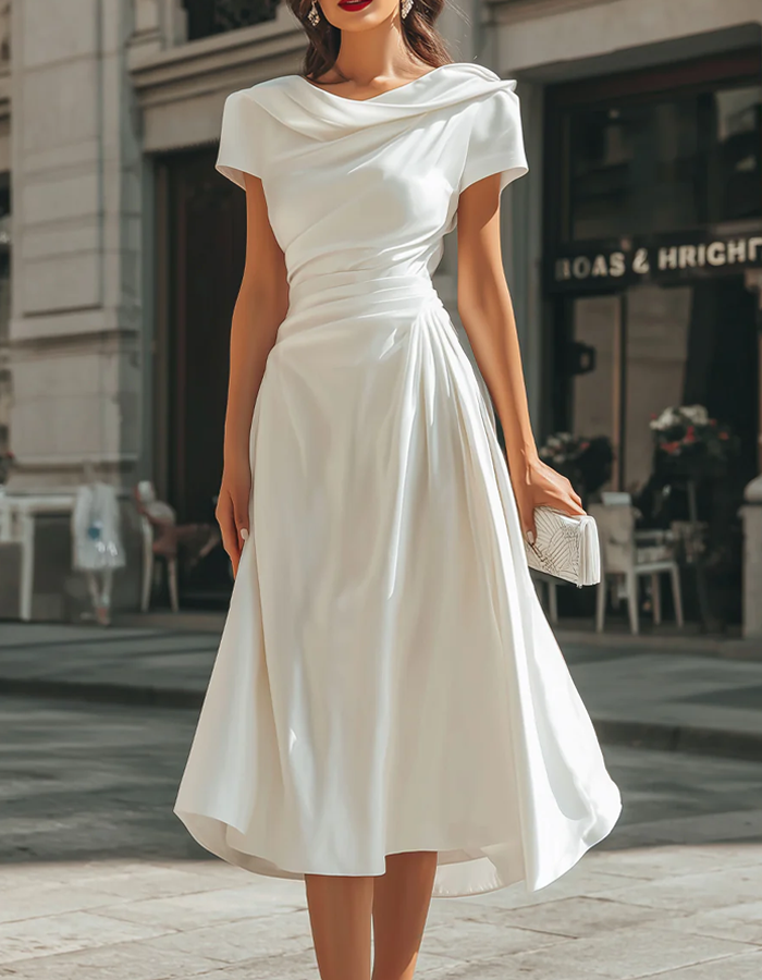 Vestido Midi de Satén Color Marfil con Cuello Estilo Cascada