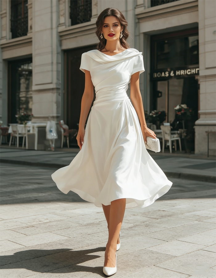 Ivory Satin Cowl Neck Midi Dress