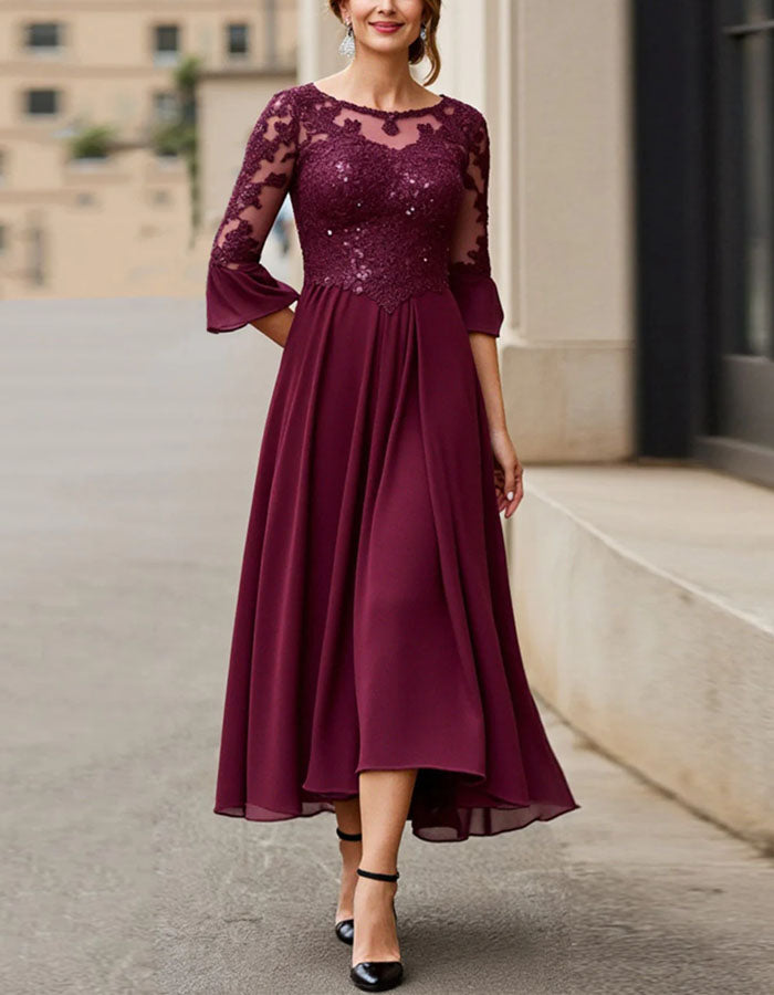 Burgundy Lace Sequined Chiffon Midi Dress