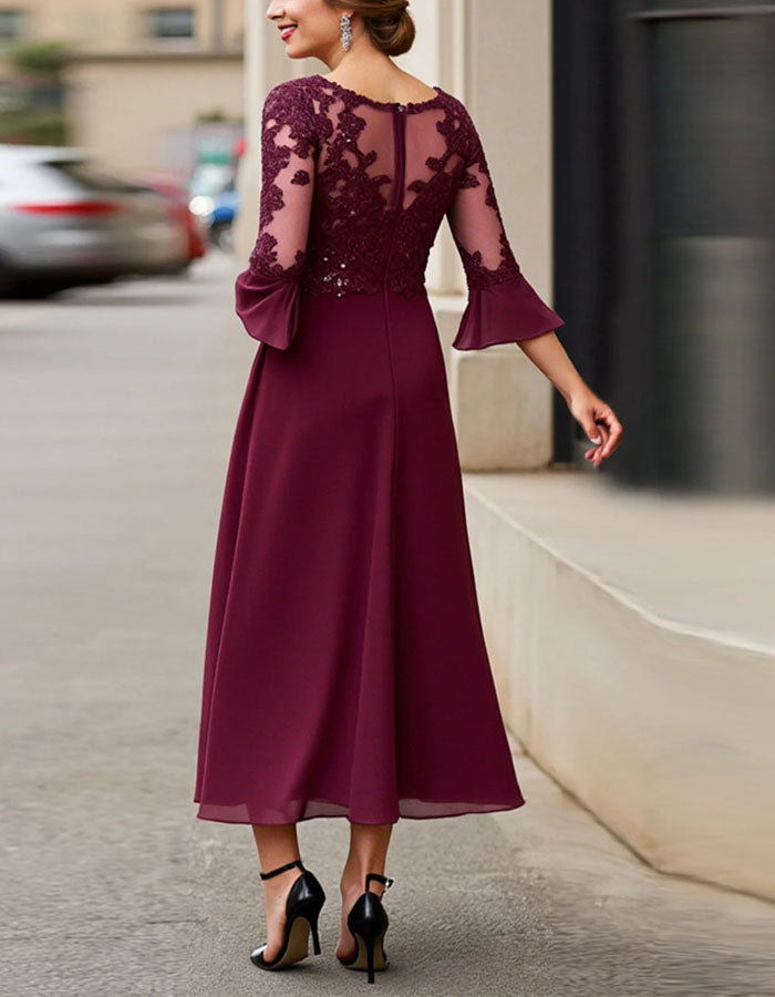 Burgundy Lace Sequined Chiffon Midi Dress