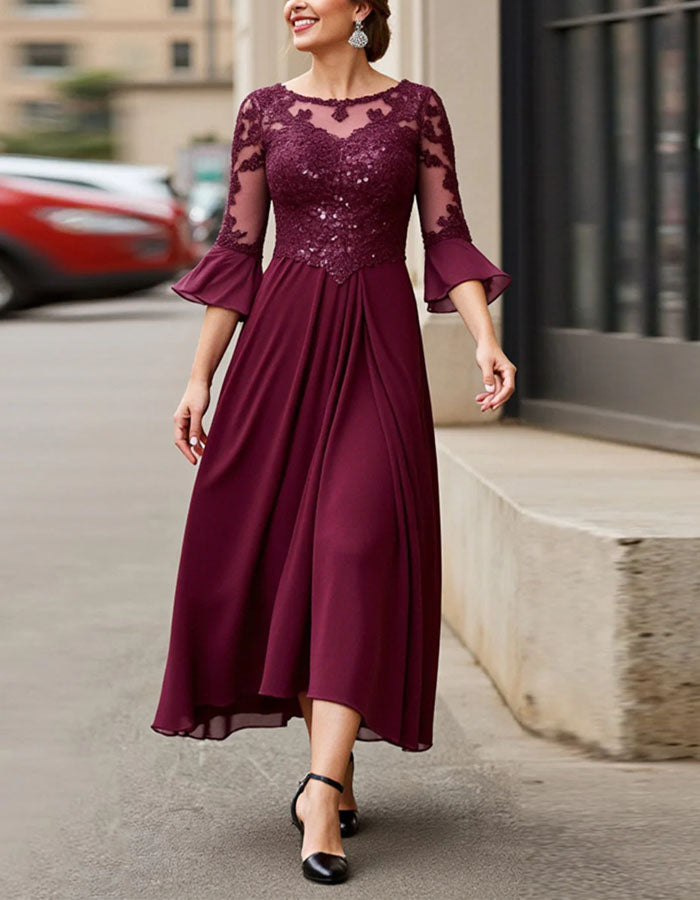 Burgundy Lace Sequined Chiffon Midi Dress