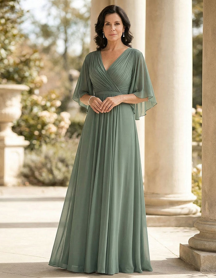 Grey Green Chiffon V-Neck Flutter Sleeves Maxi Dress