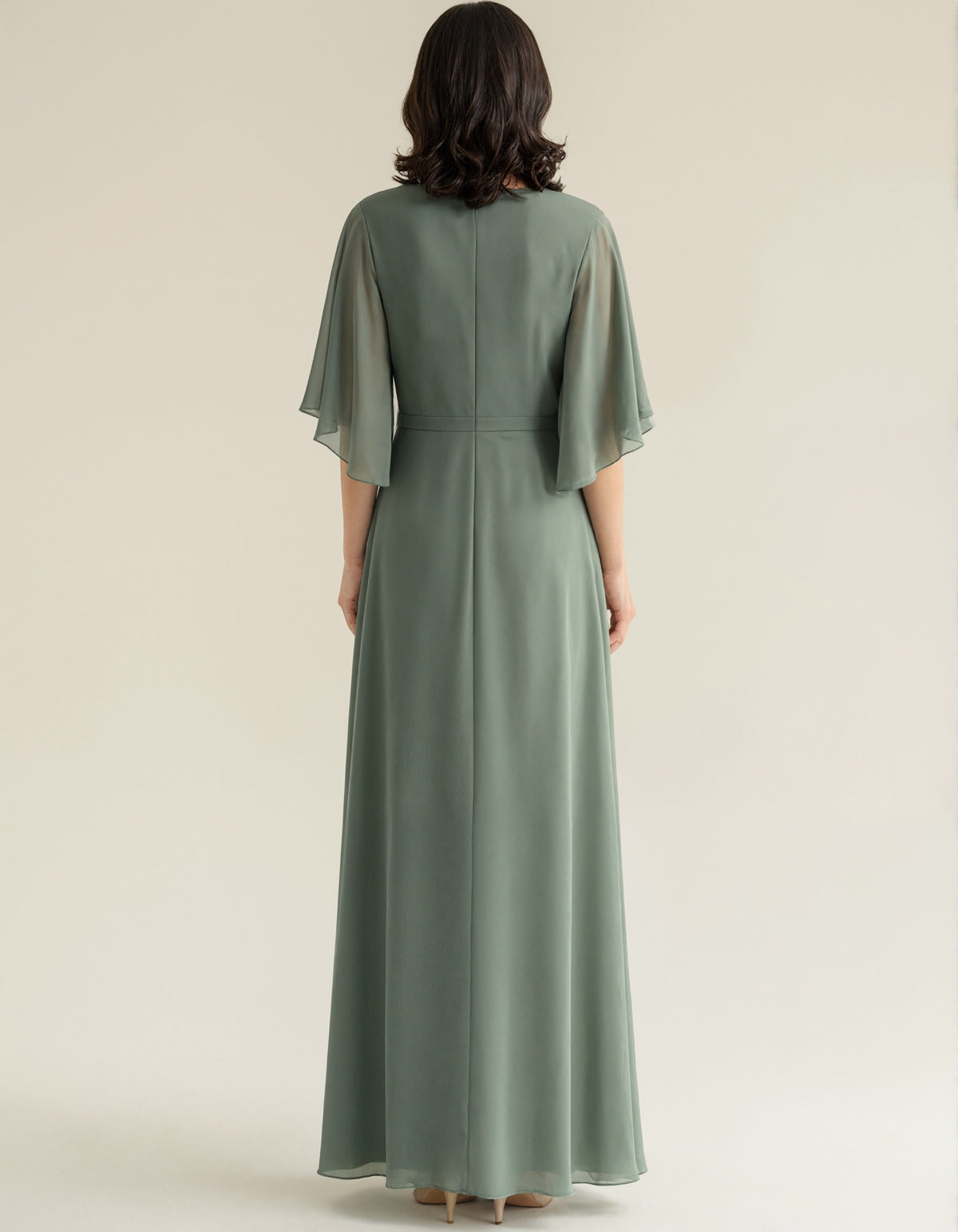 Grey Green Chiffon V-Neck Flutter Sleeves Maxi Dress
